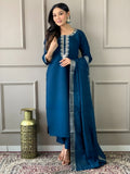 Peacock Blue Embroidered Suit Set with Woven Border Dupatta - D-13 - view 1
