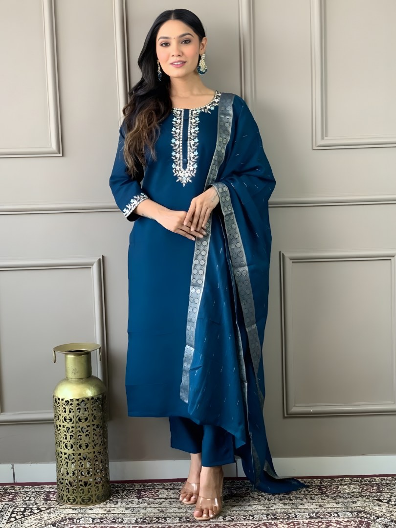 Peacock Blue Embroidered Suit Set with Woven Border Dupatta - D-13 - view 2