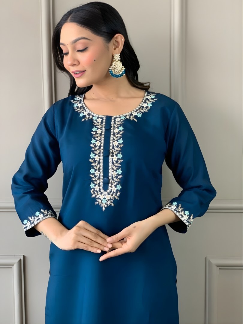 Peacock Blue Embroidered Suit Set with Woven Border Dupatta - D-13 - view 3