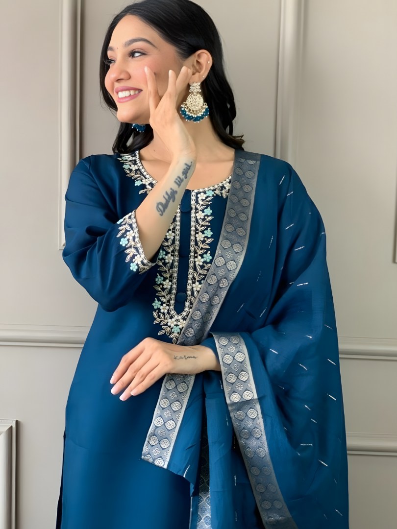 Peacock Blue Embroidered Suit Set with Woven Border Dupatta - D-13 - view 4