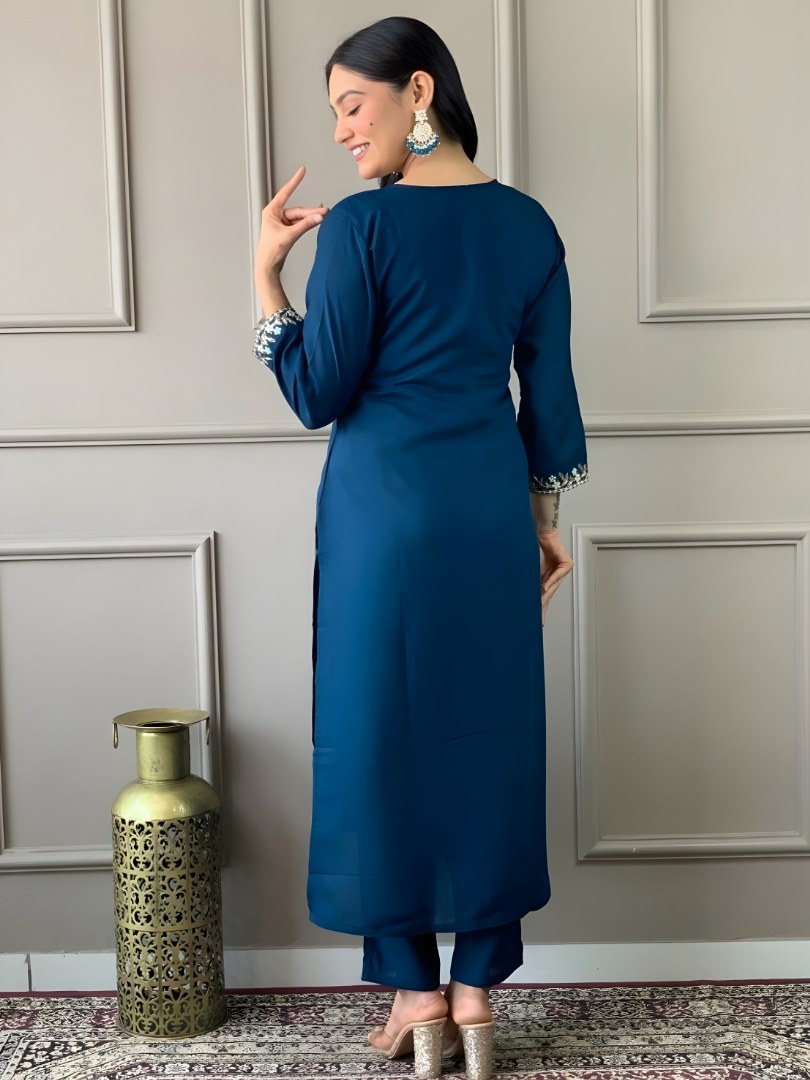 Peacock Blue Embroidered Suit Set with Woven Border Dupatta - D-13 - view 5