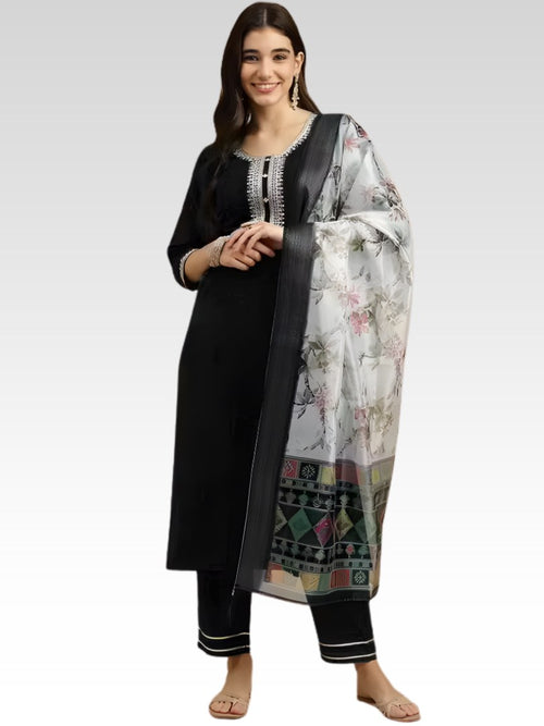 Black Embroidered Suit Set with Grey Floral Dupatta - D-14 - view 1