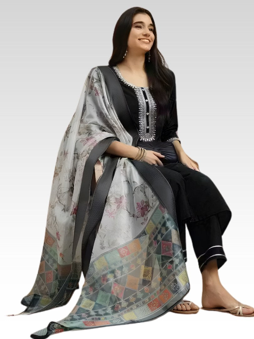 Black Embroidered Suit Set with Grey Floral Dupatta - D-14 - view 2