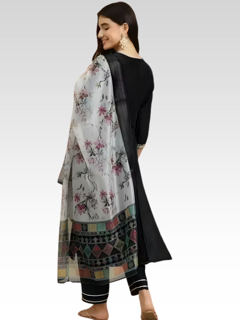 Black Embroidered Suit Set with Grey Floral Dupatta - D-14 - view 3
