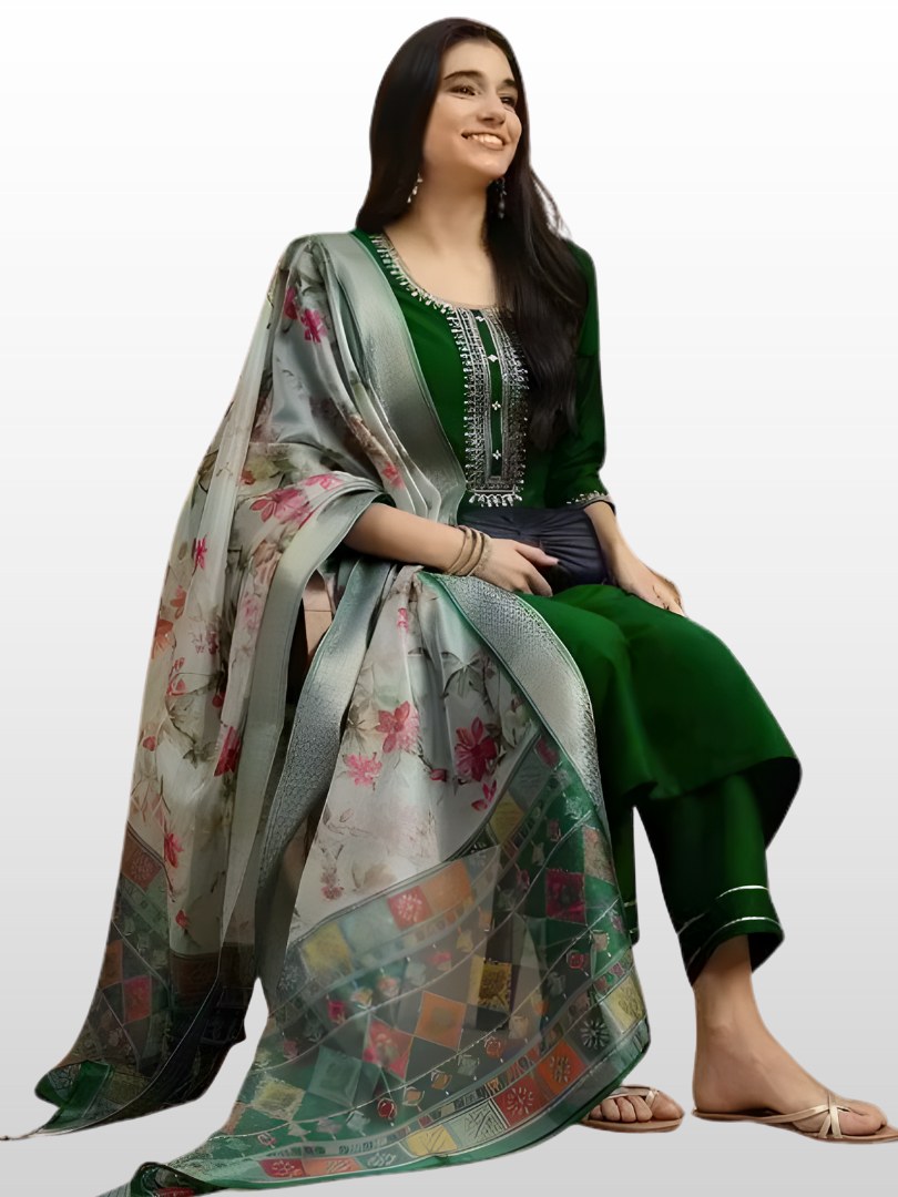 Bottle Green Embroidered Suit Set with Floral Dupatta - D-15 - view 1