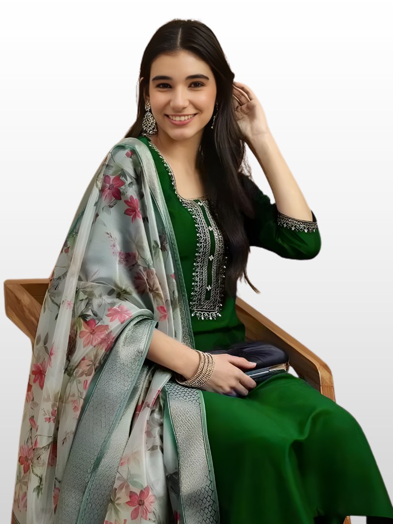 Bottle Green Embroidered Suit Set with Floral Dupatta - D-15 - view 2