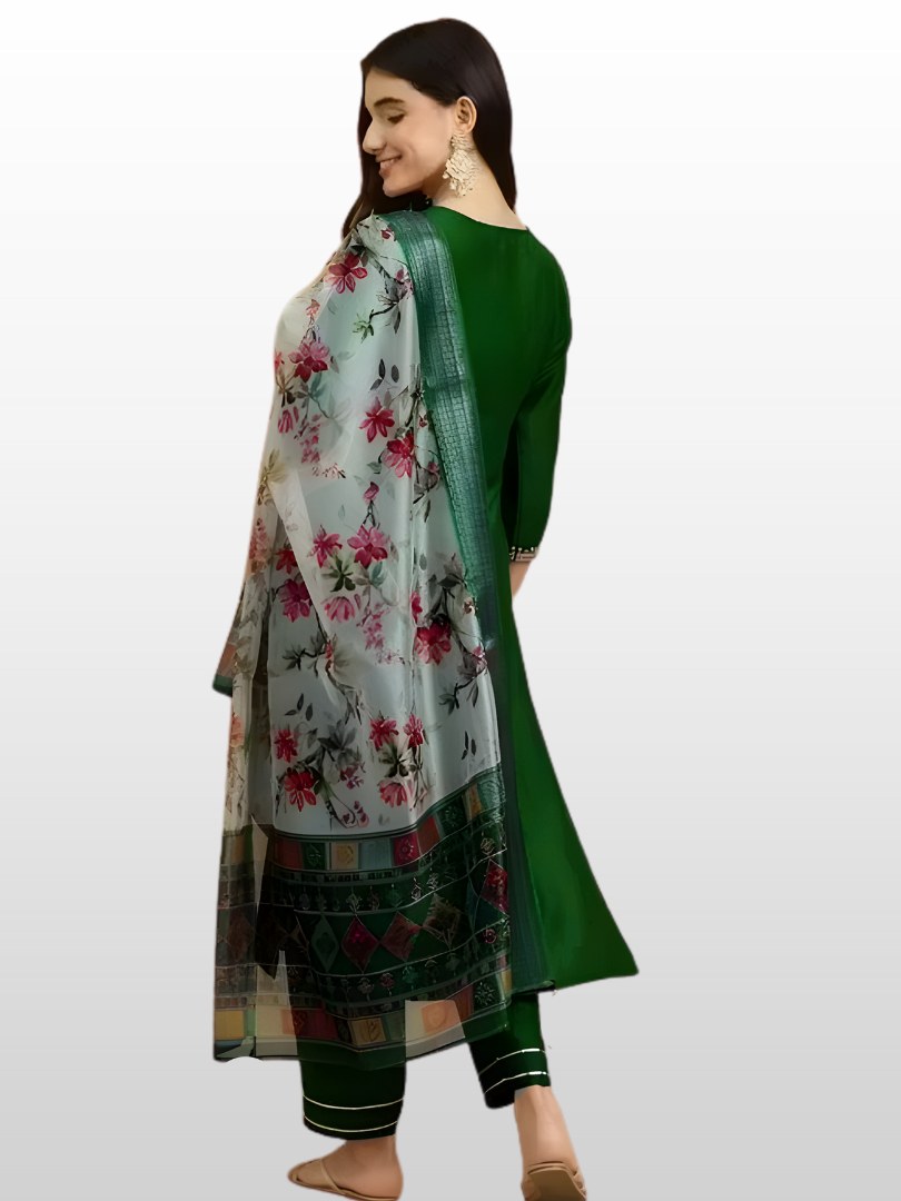 Bottle Green Embroidered Suit Set with Floral Dupatta - D-15 - view 3