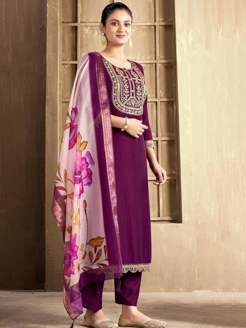 Plum Embroidered Yoke Suit Set with Floral Dupatta - D-16 - view 1