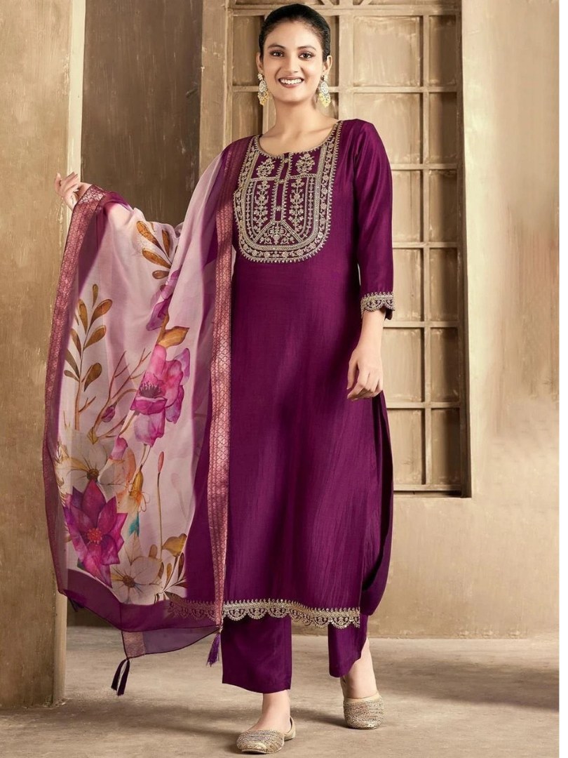 Plum Embroidered Yoke Suit Set with Floral Dupatta - D-16 - view 2