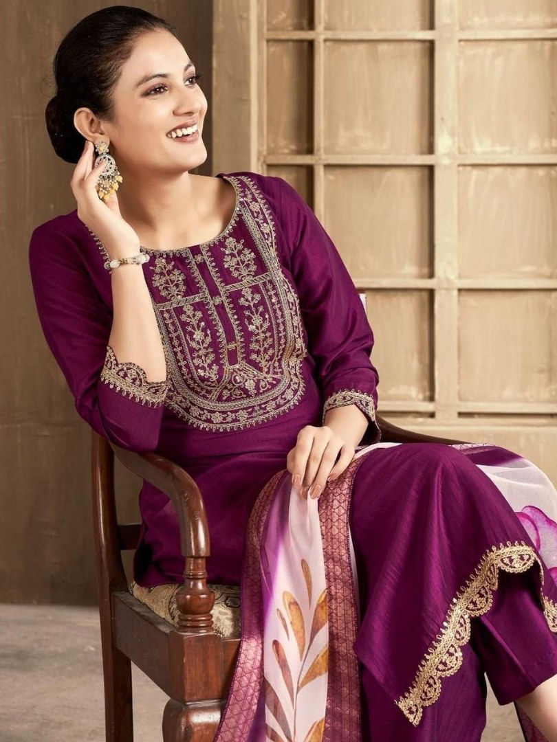 Plum Embroidered Yoke Suit Set with Floral Dupatta - D-16 - view 3