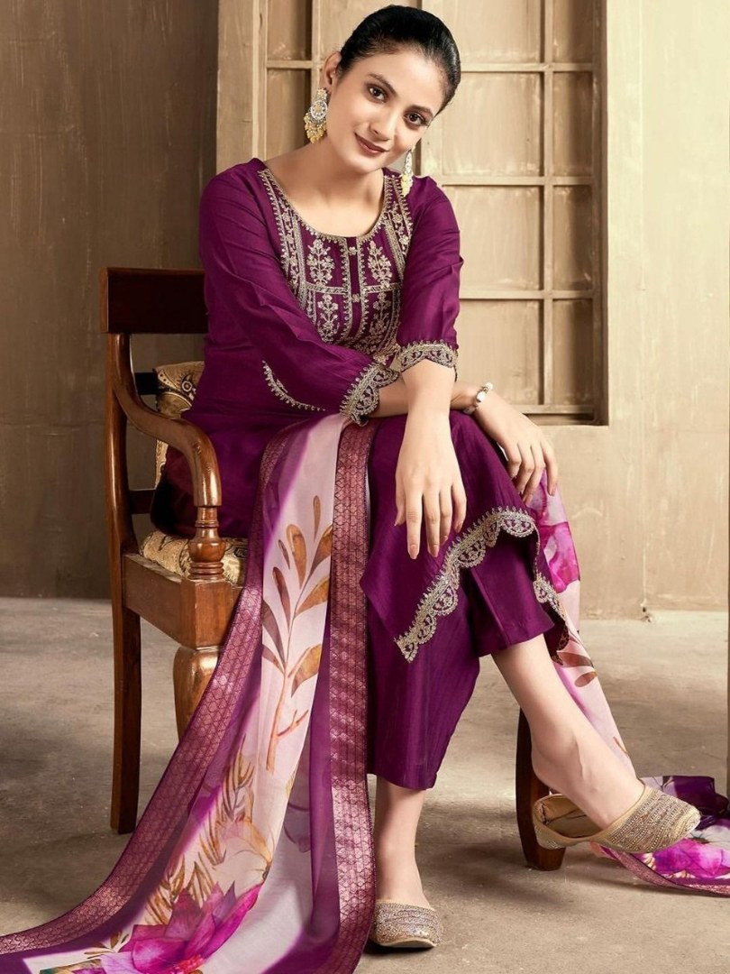 Plum Embroidered Yoke Suit Set with Floral Dupatta - D-16 - view 4