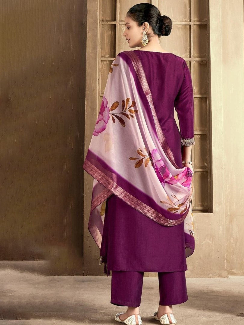 Plum Embroidered Yoke Suit Set with Floral Dupatta - D-16 - view 5