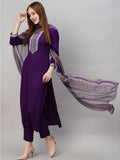 Deep Purple Suit Set with Printed Dupatta - D-17 - view 1