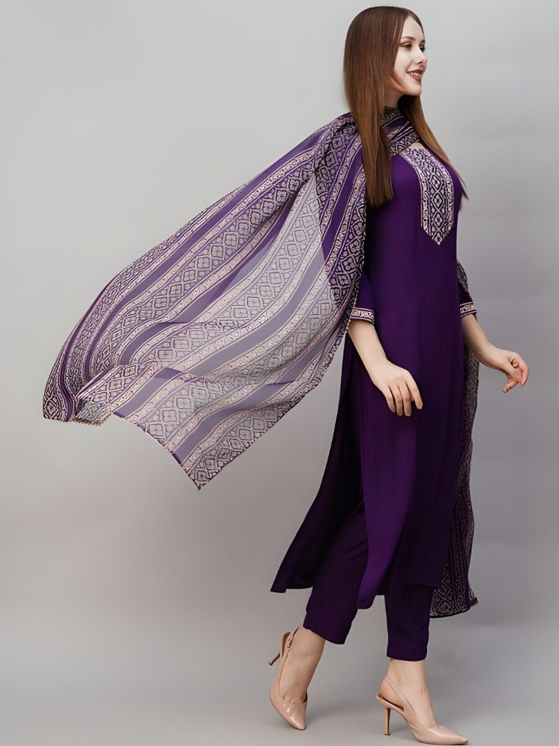 Deep Purple Suit Set with Printed Dupatta - D-17 - view 2