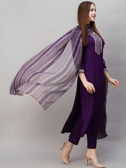 Deep Purple Suit Set with Printed Dupatta - D-17 - view 2