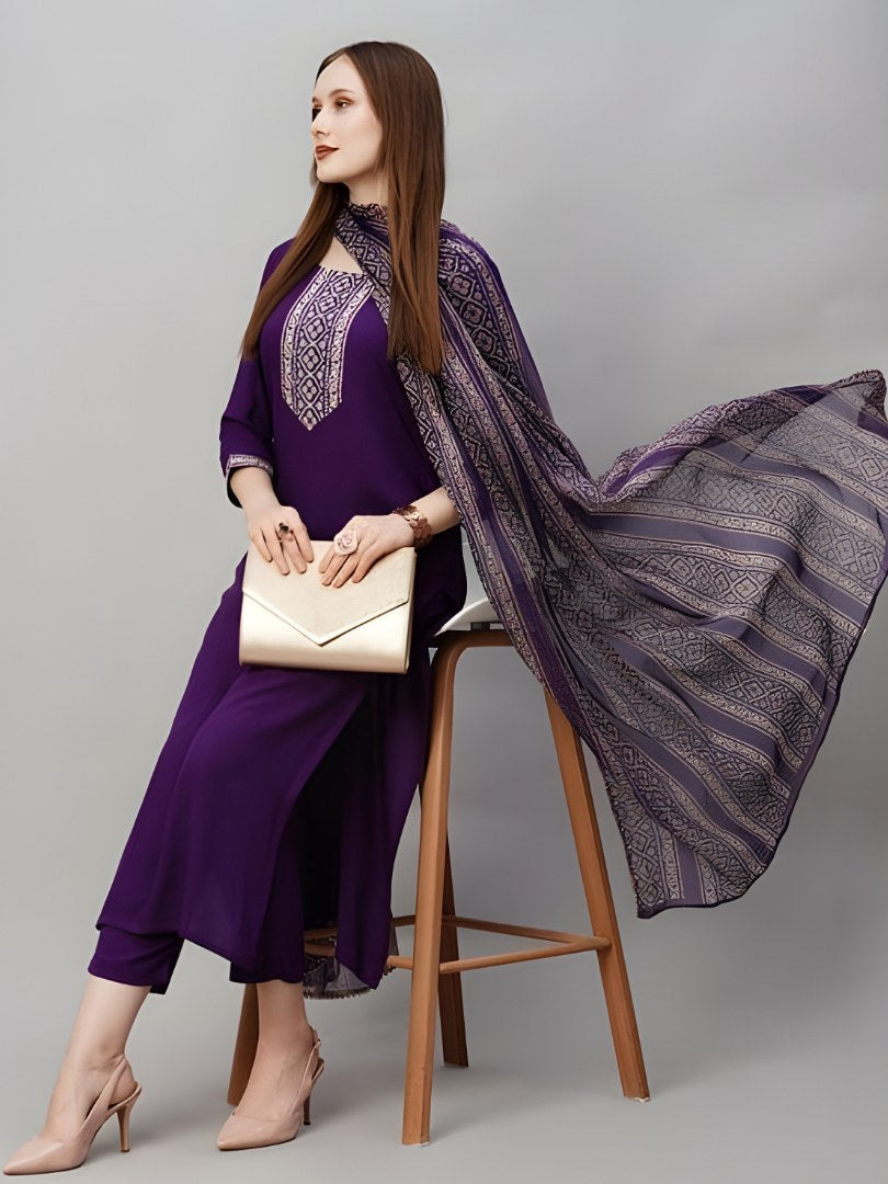 Deep Purple Suit Set with Printed Dupatta - D-17 - view 3