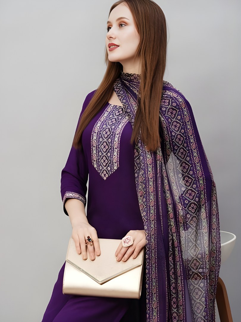 Deep Purple Suit Set with Printed Dupatta - D-17 - view 4