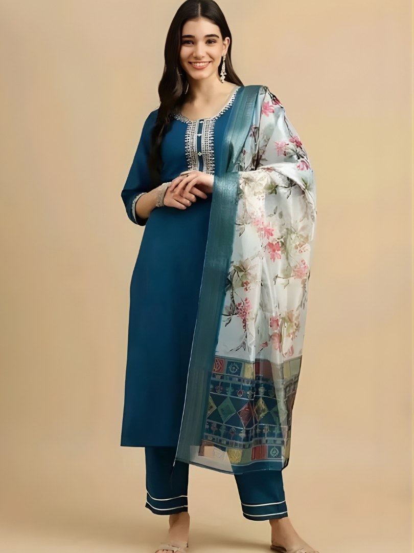 Teal Blue Embroidered Suit Set with Floral Dupatta - D-18 - view 1