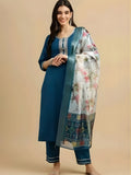 Teal Blue Embroidered Suit Set with Floral Dupatta - D-18 - view 1