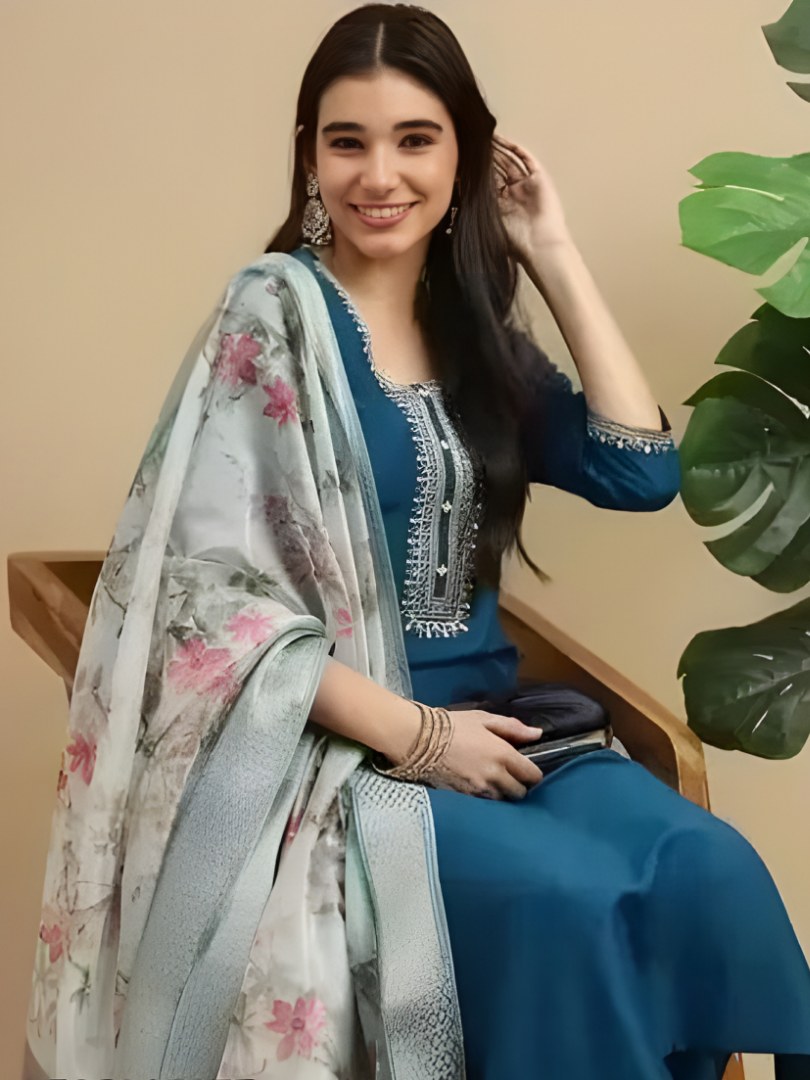 Teal Blue Embroidered Suit Set with Floral Dupatta - D-18 - view 2