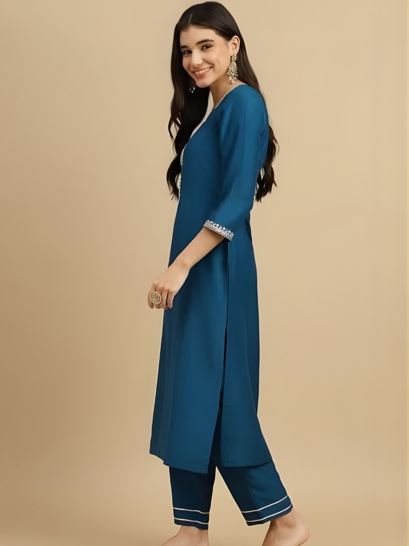 Teal Blue Embroidered Suit Set with Floral Dupatta - D-18 - view 3