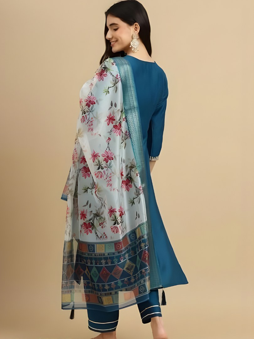 Teal Blue Embroidered Suit Set with Floral Dupatta - D-18 - view 4