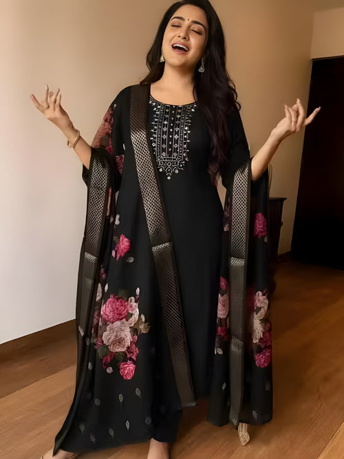 Black Embroidered Suit Set with Rose Print Dupatta - D-19 - view 1