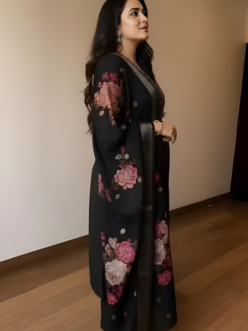 Black Embroidered Suit Set with Rose Print Dupatta - D-19 - view 2