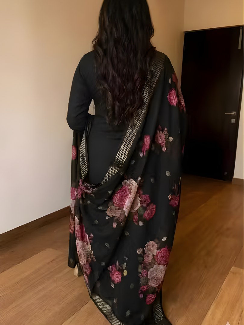 Black Embroidered Suit Set with Rose Print Dupatta - D-19 - view 3