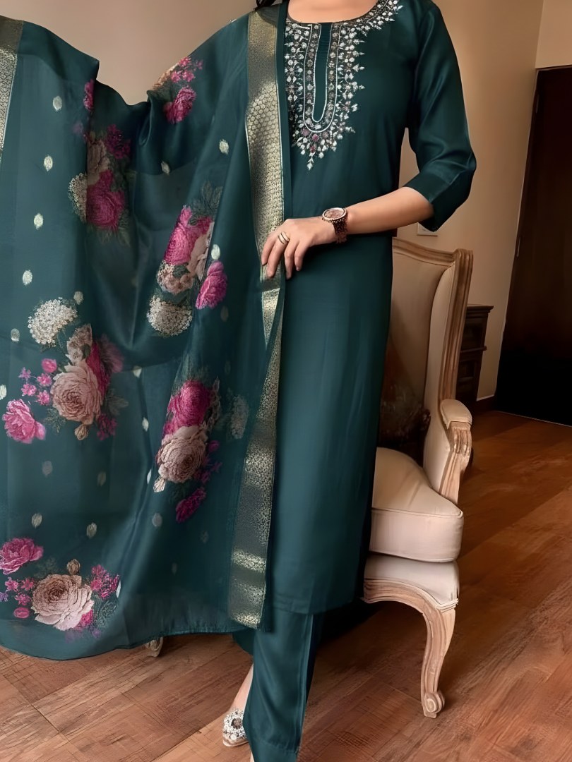 Teal Green Embroidered Suit Set with Floral Dupatta - D-20 - view 1