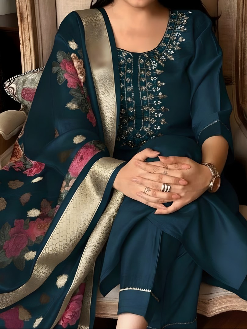 Teal Green Embroidered Suit Set with Floral Dupatta - D-20 - view 2