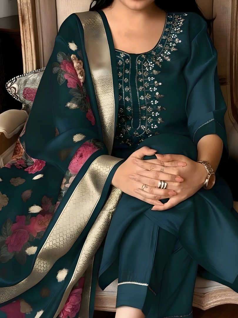 Teal Green Embroidered Suit Set with Floral Dupatta - D-20 - view 3