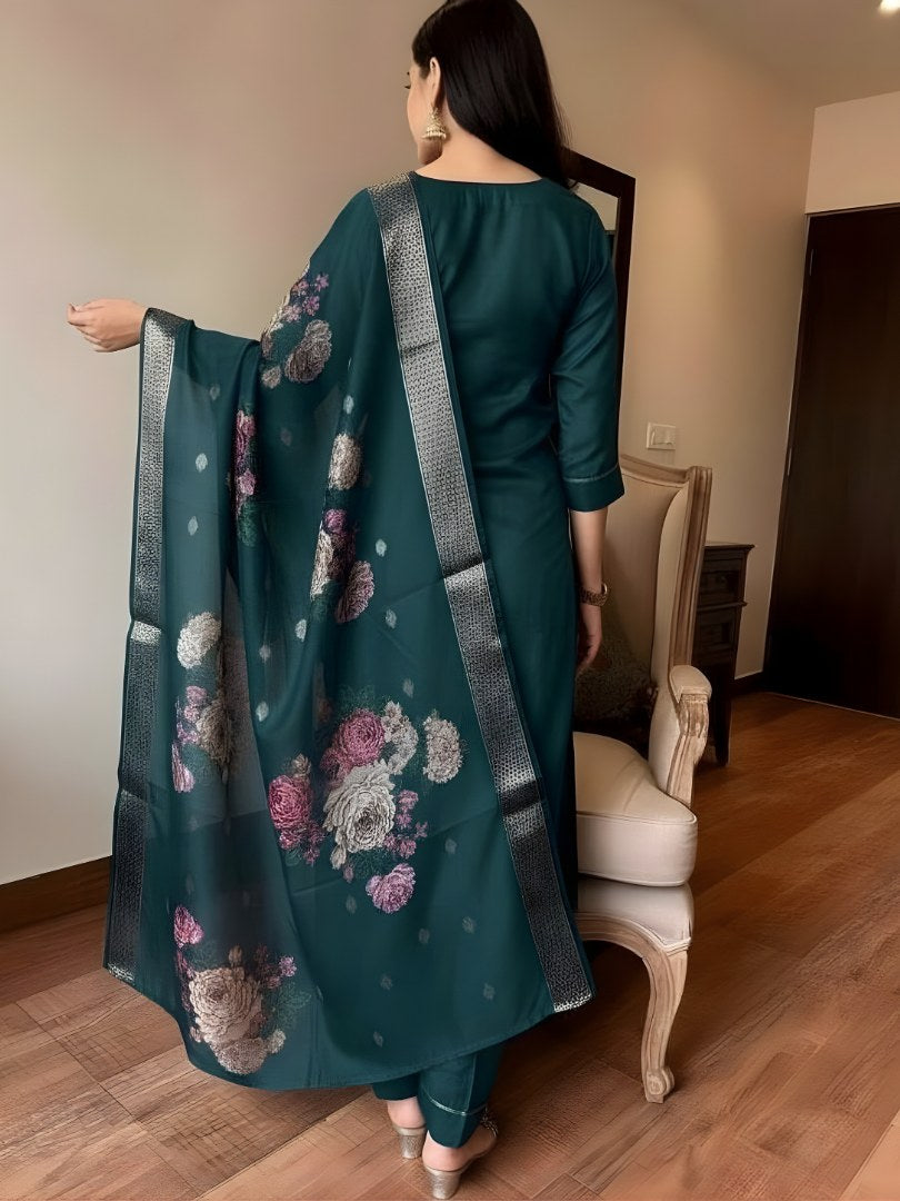 Teal Green Embroidered Suit Set with Floral Dupatta - D-20 - view 4