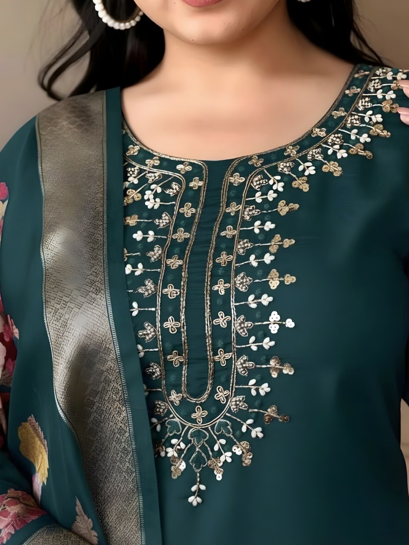 Teal Green Embroidered Suit Set with Floral Dupatta - D-20 - view 5