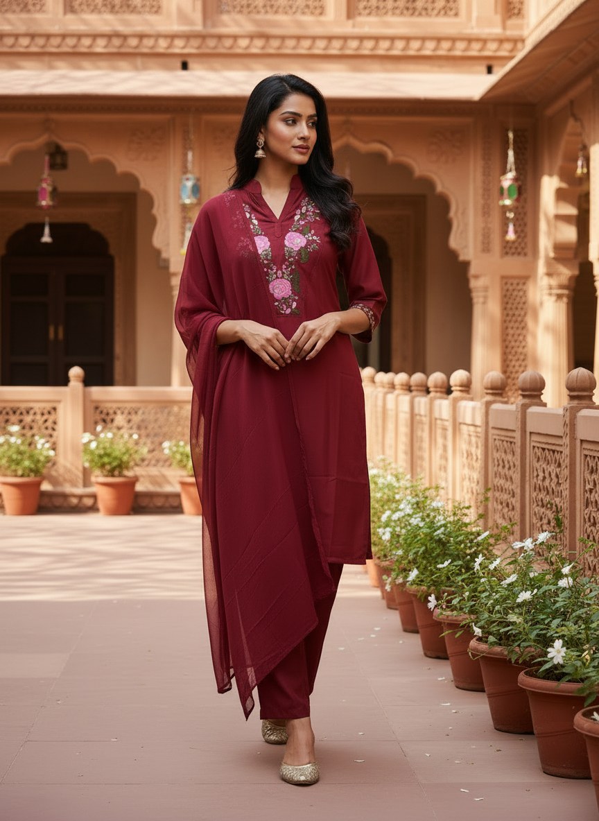 Maroon Floral Embroidered Suit Set with Dupatta - D-21 - view 1