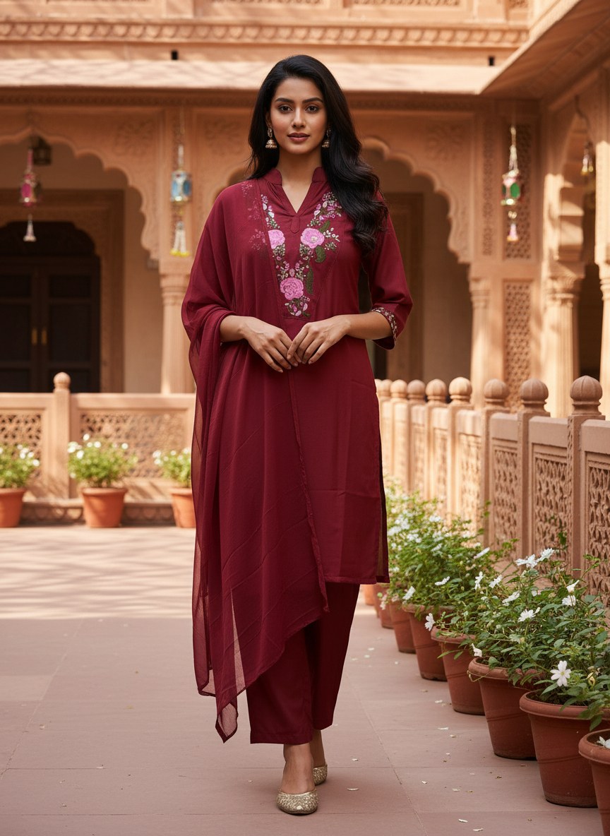Maroon Floral Embroidered Suit Set with Dupatta - D-21 - view 2