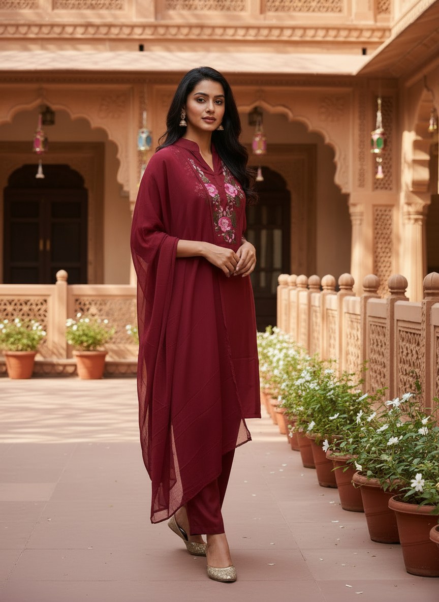 Maroon Floral Embroidered Suit Set with Dupatta - D-21 - view 3