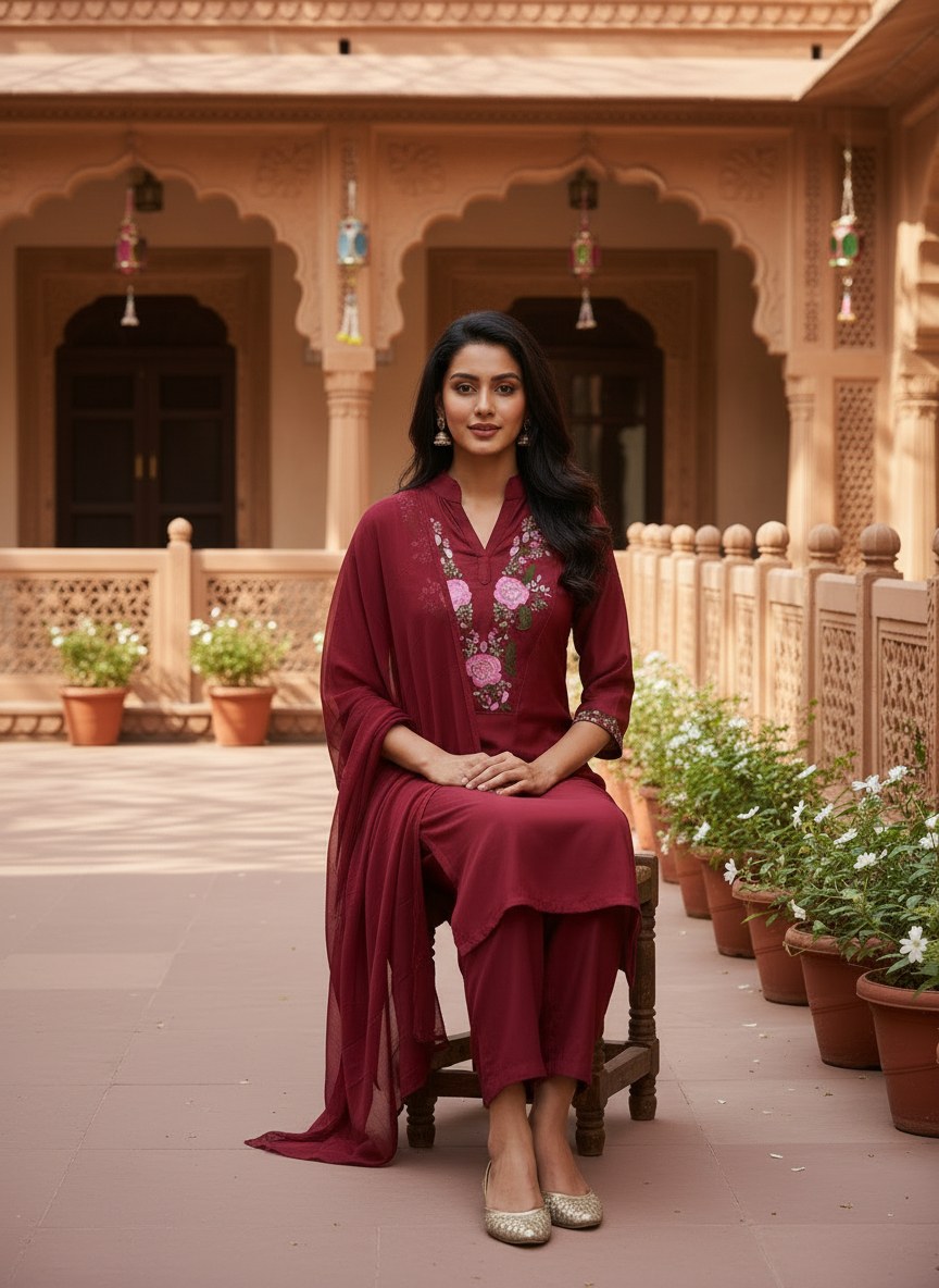Maroon Floral Embroidered Suit Set with Dupatta - D-21 - view 4