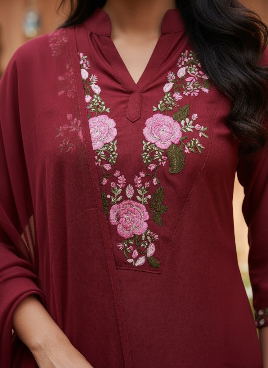 Maroon Floral Embroidered Suit Set with Dupatta - D-21 - view 5