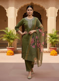 Olive Green Embroidered Suit Set with Floral Dupatta - D-22 - view 1