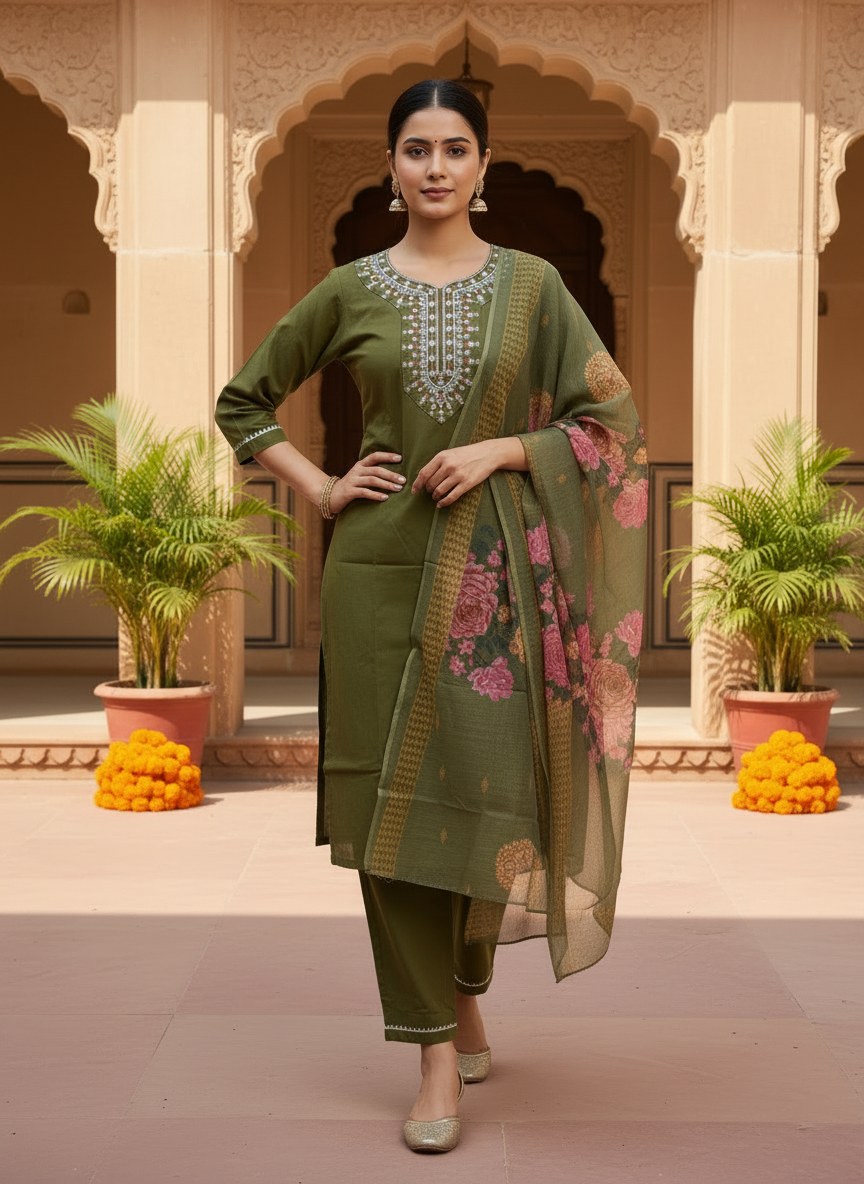 Olive Green Embroidered Suit Set with Floral Dupatta - D-22 - view 1