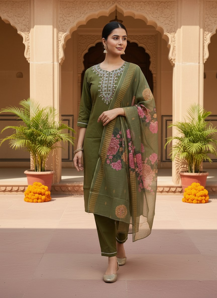 Olive Green Embroidered Suit Set with Floral Dupatta - D-22 - view 2