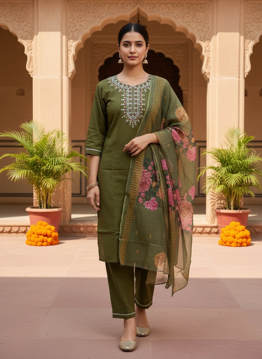 Olive Green Embroidered Suit Set with Floral Dupatta - D-22 - view 3