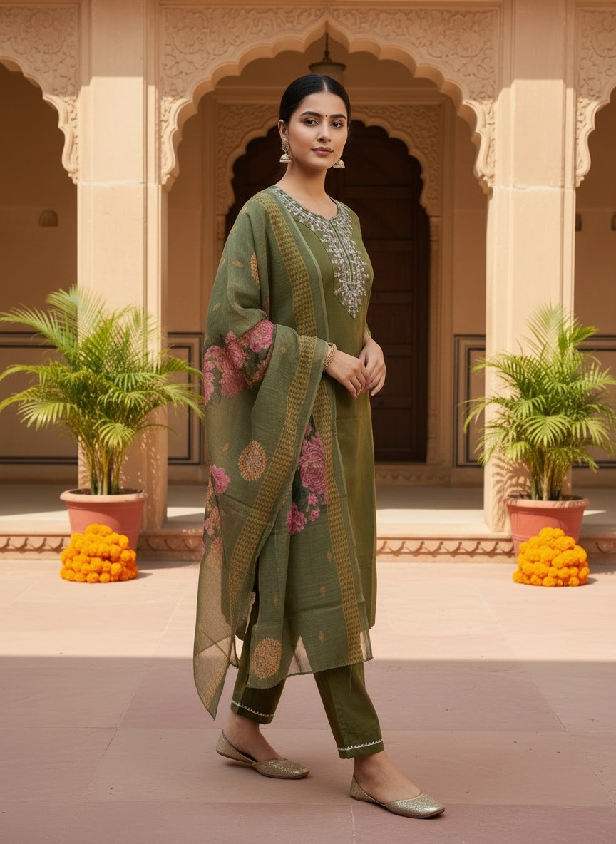 Olive Green Embroidered Suit Set with Floral Dupatta - D-22 - view 4