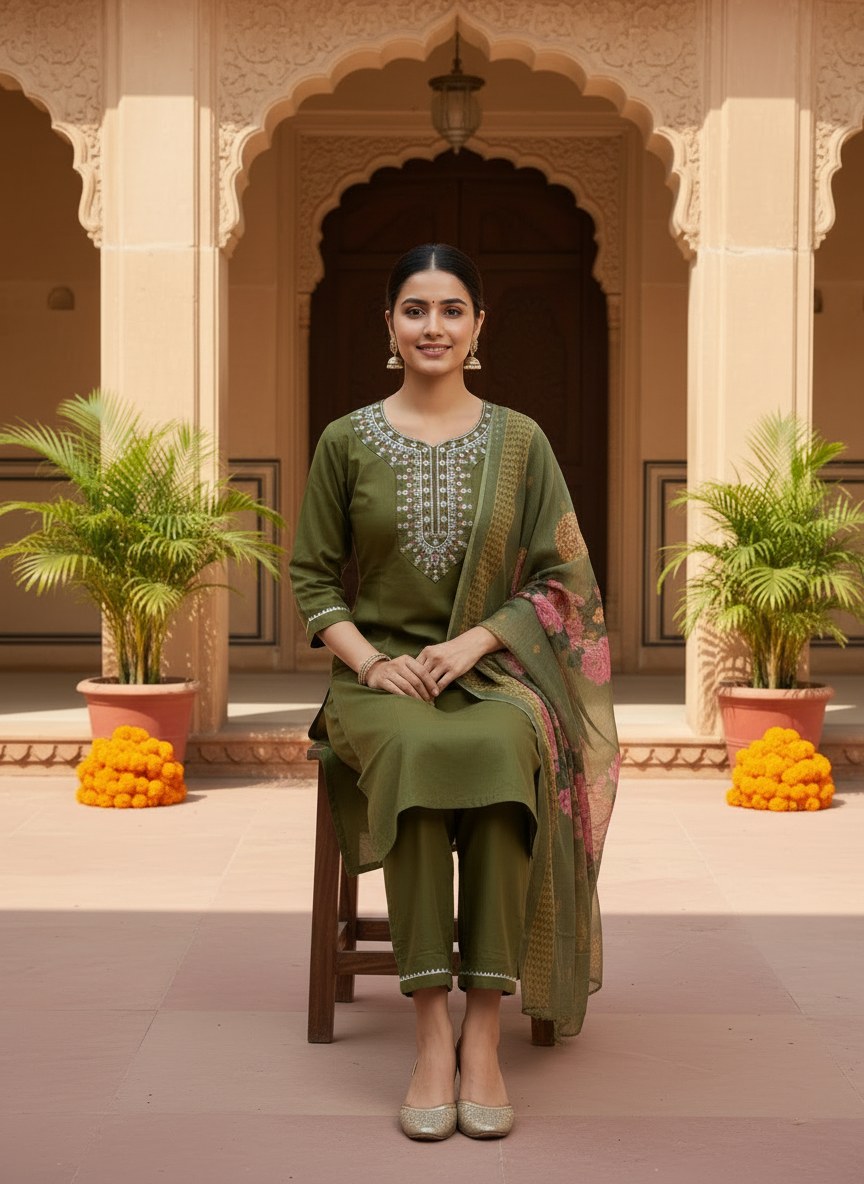Olive Green Embroidered Suit Set with Floral Dupatta - D-22 - view 5