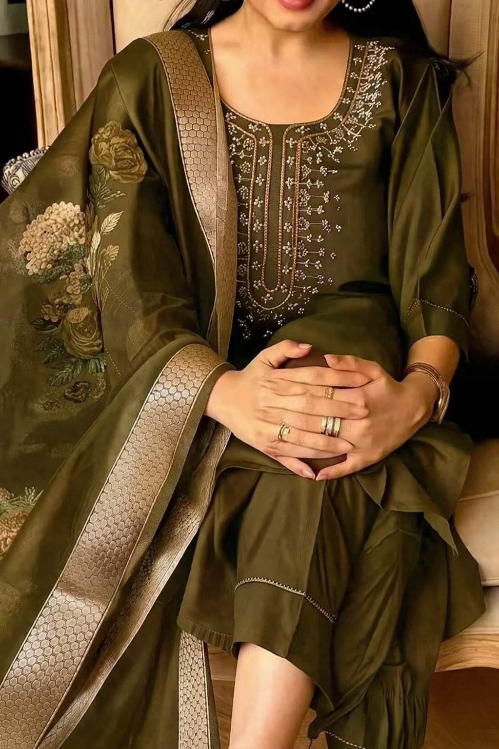 Olive Green Embroidered Suit Set with Floral Dupatta - D-22 - view 6