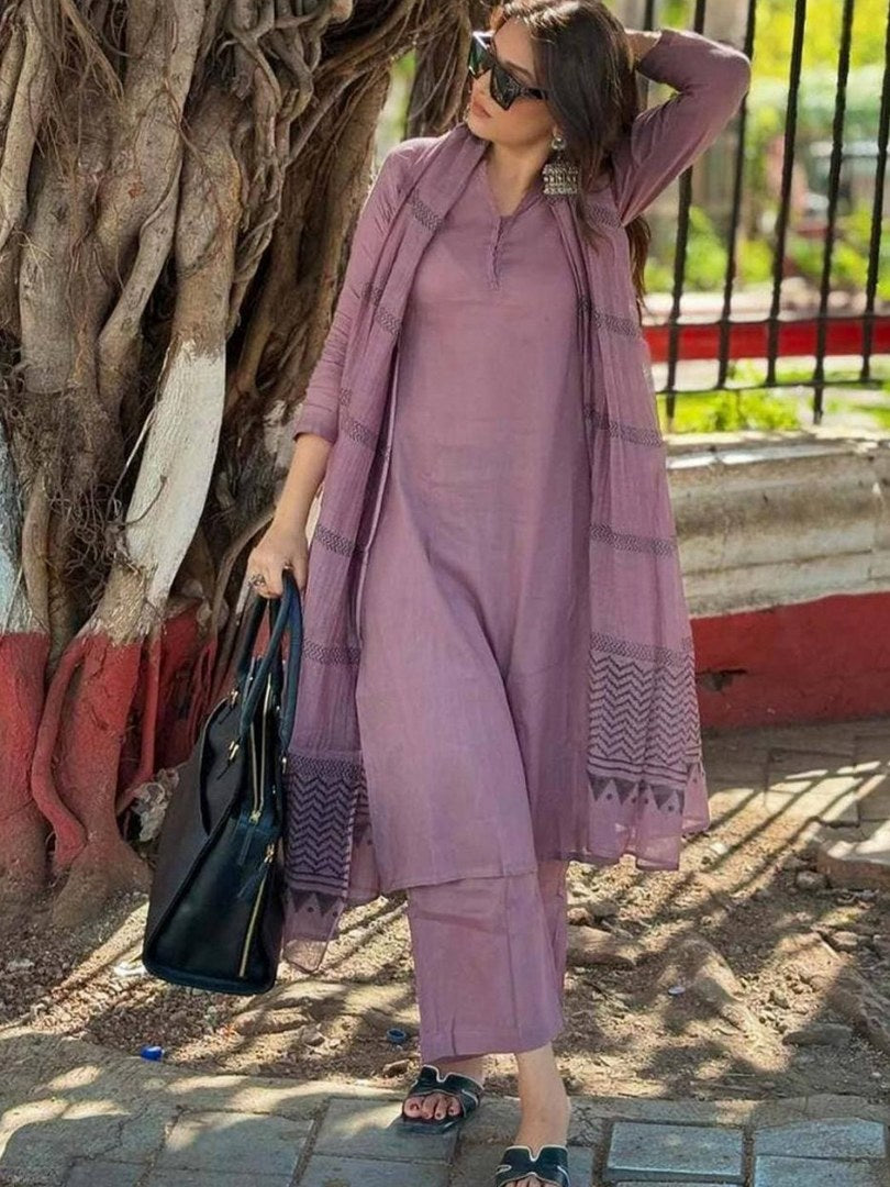 Mauve Solid Suit Set with Checked Dupatta - D-23 - view 3