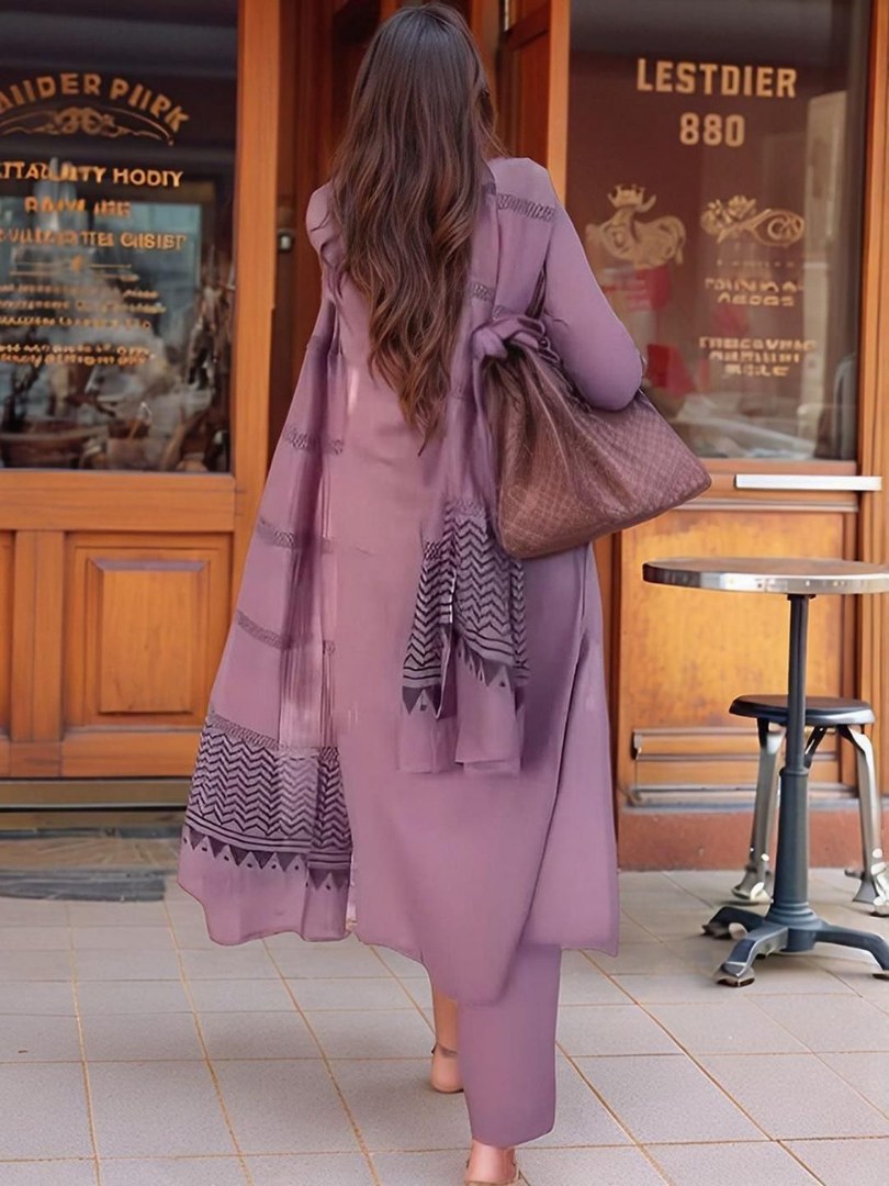 Mauve Solid Suit Set with Checked Dupatta - D-23 - view 6