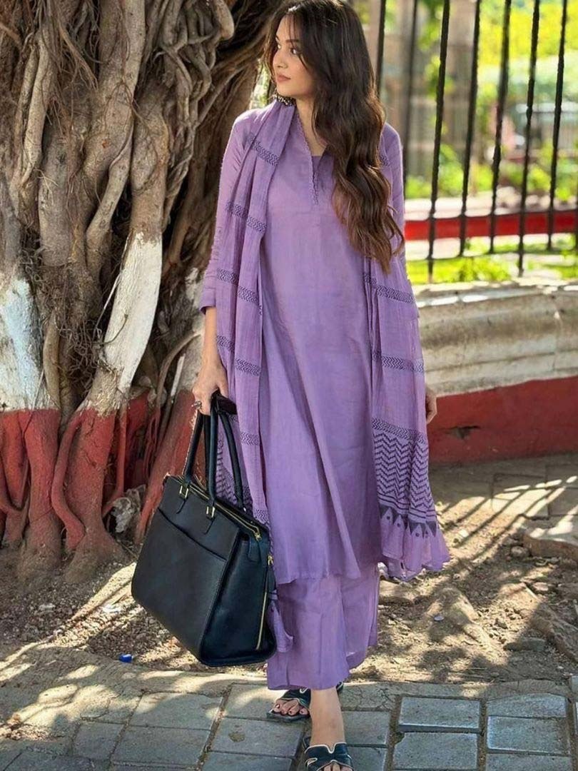 Lavender Solid Suit Set with Checked Dupatta - D-24 - view 1