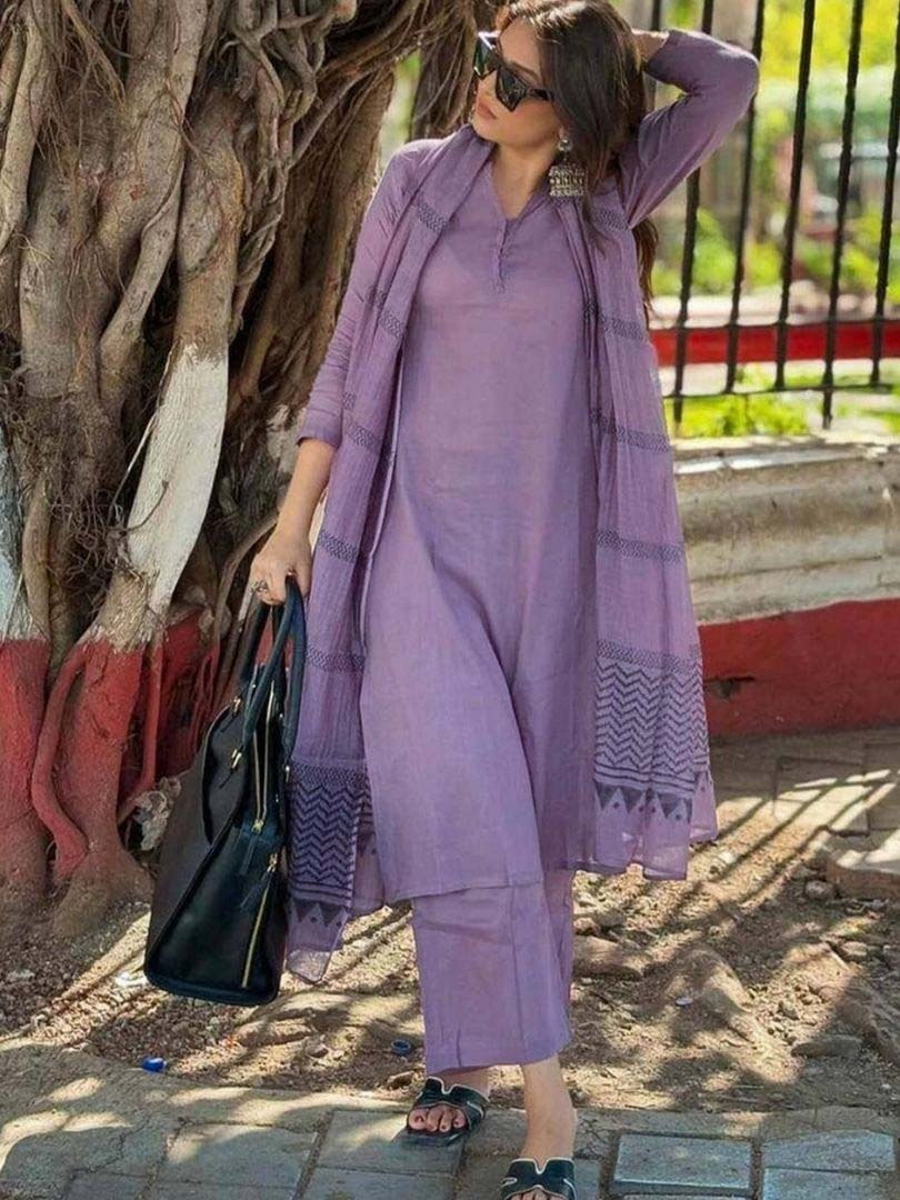 Lavender Solid Suit Set with Checked Dupatta - D-24 - view 2